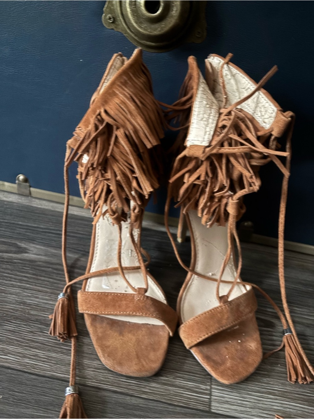 Steve Madden Tan Suede Fringe Lace-Up Heels